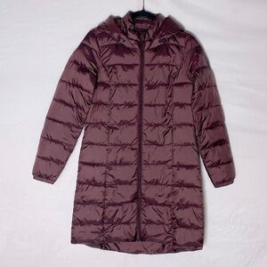 Reitman’s Long Burgundy Quilted Puffer Jacket With Hood XS